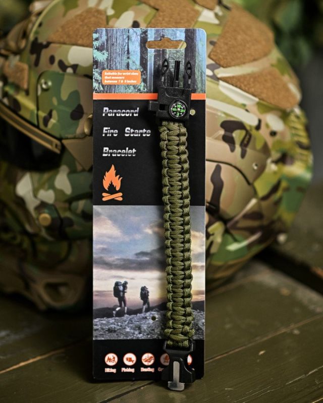 PARACORD БРАСЛЕТ З ВИСКОРЕМ, КОМПАСОМ ТА СВИСТКОМ ОЛИВА